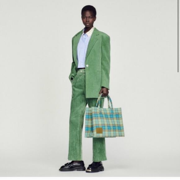 Sandro Kasbah Tartan Tote Bag - Green/Blue - New with tags - MSRP $370 - Picture 1 of 8